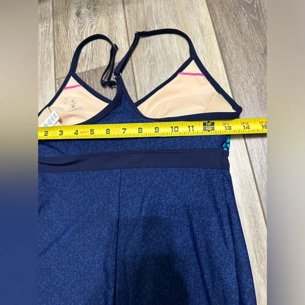 #4) Athleta navy blue with multi color floral dress with under bra size XS